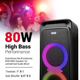 AKAI PartyMate Pro PM 80P Wireless Bluetooth Party Speaker 80W RMS Dynamic Light Show Upto 8Hrs Playtime Portable Outdoor Party Tower Speaker Karaoke Support with Wireless Mic Black 0 0
