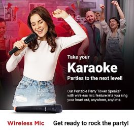 AKAI PartyMate Pro PM 80P Wireless Bluetooth Party Speaker 80W RMS Dynamic Light Show Upto 8Hrs Playtime Portable Outdoor Party Tower Speaker Karaoke Support with Wireless Mic Black 0 1
