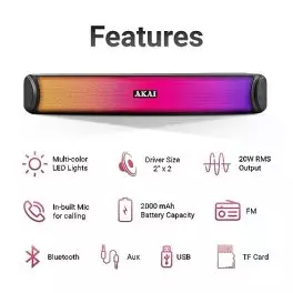 AKAI SB 20 20W Bluetooth Stereo Soundbar with Multicolour LED Lights Supporting BT V50 USB SD Card AUX FM Call Function and with 2000mAh Inbuilt BatteryBlack 0 1