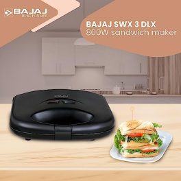 Bajaj SWX 3 Deluxe 800W 2 Slice Sandwich Toaster with Toast Plates Non Stick Coated Plates Upright Compact Storage Buckle Clip Handle 2 Yr Warranty by Bajaj Black Sandwich Maker 0 0