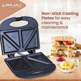 Bajaj SWX 3 Deluxe 800W 2 Slice Sandwich Toaster with Toast Plates Non Stick Coated Plates Upright Compact Storage Buckle Clip Handle 2 Yr Warranty by Bajaj Black Sandwich Maker 0 1