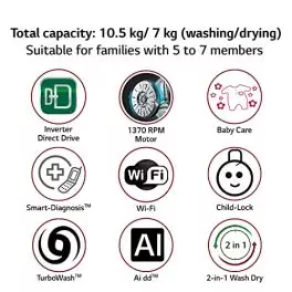 LG 105 Kg 70 Kg Wi Fi Inverter AI Direct Drive Fully Automatic Front Load Washer Dryer FHD1057STB Steam In built Heater 6 Motion DD Black Steel 0 0