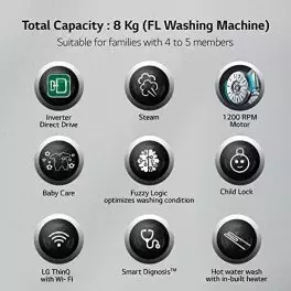 LG 8 Kg 5 Star Inverter Wi Fi Fully Automatic Front Loading Washing Machine with Inbuilt heater FHP1208Z5M Middle Black AI DD Technology Steam for Hygiene 0 0