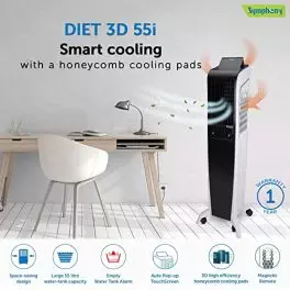 Symphony Diet 3D 55i Portable Tower Air Cooler For Home with 3 Side Honeycomb Pads Magnetic Remote i Pure Technology and Automatic Pop Up Touchscreen 55L White Black 0 0