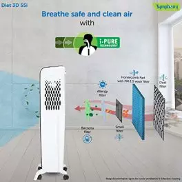 Symphony Diet 3D 55i Portable Tower Air Cooler For Home with 3 Side Honeycomb Pads Magnetic Remote i Pure Technology and Automatic Pop Up Touchscreen 55L White Black 0 3