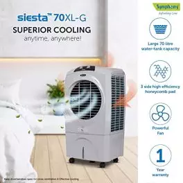 Symphony Siesta 70 XL Desert Air Cooler For Home with Honeycomb Pads Powerful Fan i Pure Technology and Low Power Consumption 70L Grey 0 0