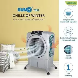 Symphony Sumo 75 XL Desert Air Cooler For Home with Honeycomb Pads Powerful Air Fan i Pure Console and Low Power Consumption 75L Grey 0 0