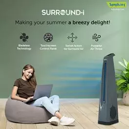 Symphony Surround i High Speed Bladeless Technology Tower Fan for Home With Touchscreen Control Panel Remote and Swivel Action Grey 0 0