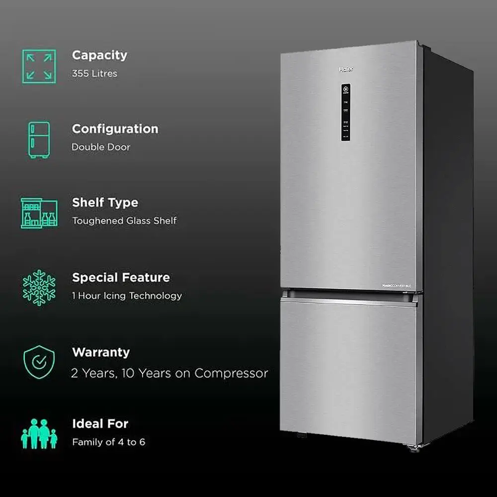 Haier 355 Litre 3 Star Double Door Refrigerator, Mirror Glass (HRB-4053BIS-P)