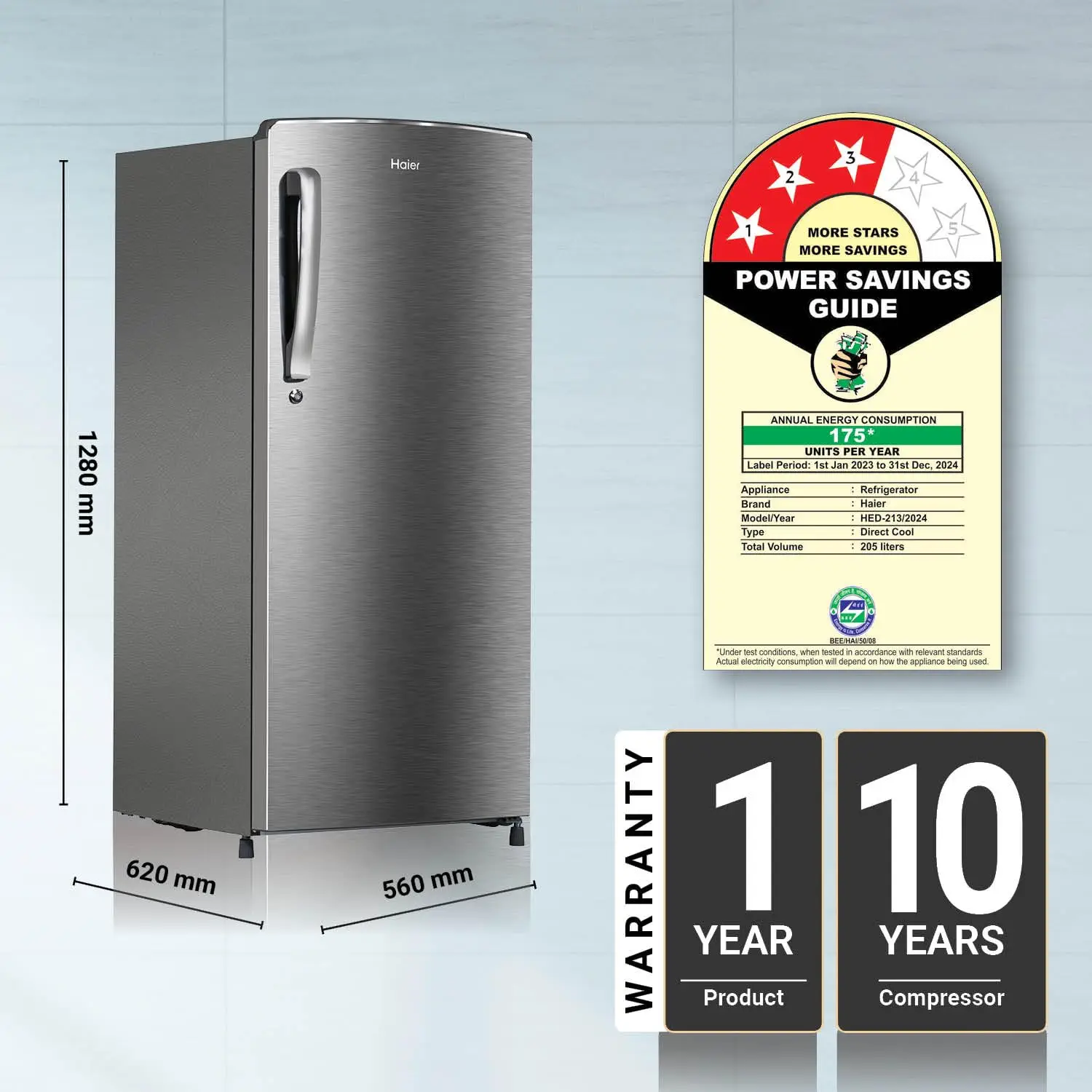 Haier 205 Litre 2 Star, Single Door Refrigerator, Inox Steel (HRD-2262BIS)