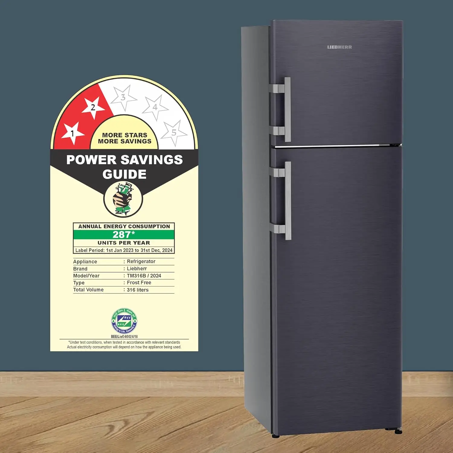 Liebherr TDLBSB3111, 316L 2 Star inverter, Hot to Cool, Frost Free Double Door Refrigerator, 20 Years Warranty on Compressor, Black Gloss