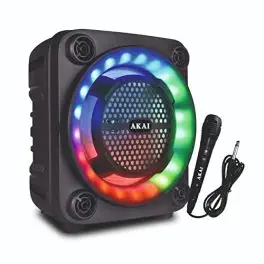 Akai PM-40P, 40 Watt Wireless Bluetooth Party Speaker with Dynamic Light Show, 6 Hour Playtime and Karoke Support with wired mic, Black